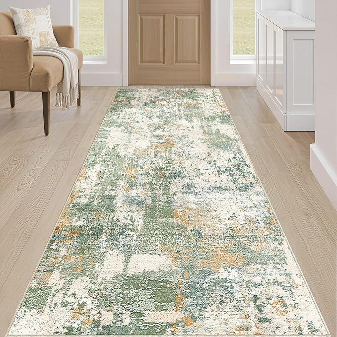 Runner Rug Kitchen Washable Rugs: 3x10 Non-Slip Abstract Soft Modern Stain Resistant Indoor Floor Neutral Accent Throw Carpet for Hallway Bathroom Laundry Room Entryway Bedroom- Green