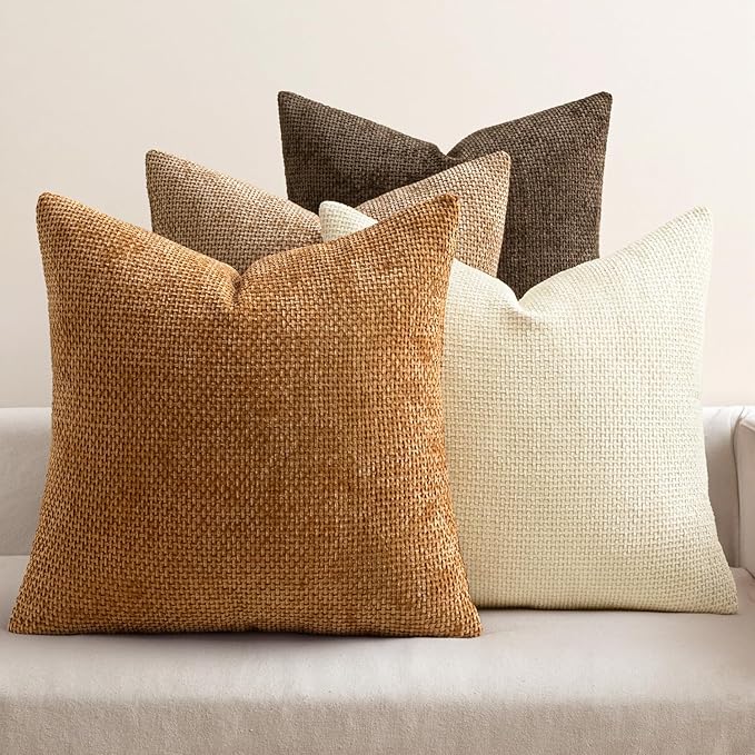MIULEE Pack of 4 Brown Couch Throw Pillow Covers 20x20 Inch Soft Decorative Chenille Pillows Farmhouse Accent Cushions for Boho Fall Home Decor Sofa Bedroom Living Room