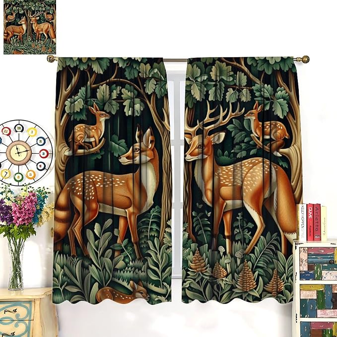 William Morris Blackout Curtains, Retro Forest Deer Animal Rustic Farmhous Window Drapes, for Bedroom Living Room 72" W X 63" L