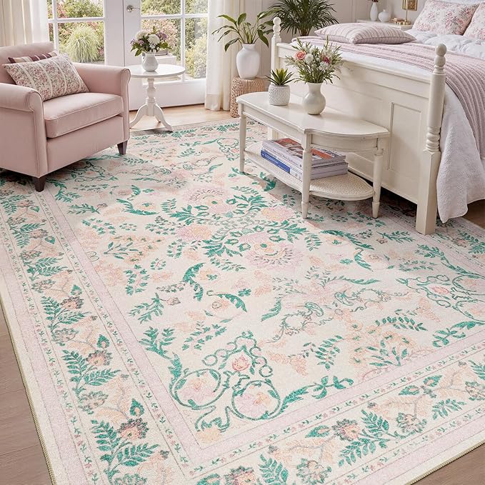 DCX 8x10 Pink Rug, Floral Rug for Girl’s Bedroom, Cute Soft Low Pile Non Slip Stain Resistant Machine Washable Indoor Décor, Kid & Pet Friendly Nursery Carpet for Living Room, Dorm, Playroom