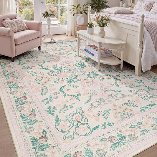 DCX 8x10 Pink Rug, Floral Rug for Girl’s Bedroom, Cute Soft Low Pile Non Slip Stain Resistant Machine Washable Indoor Décor, Kid & Pet Friendly Nursery Carpet for Living Room, Dorm, Playroom