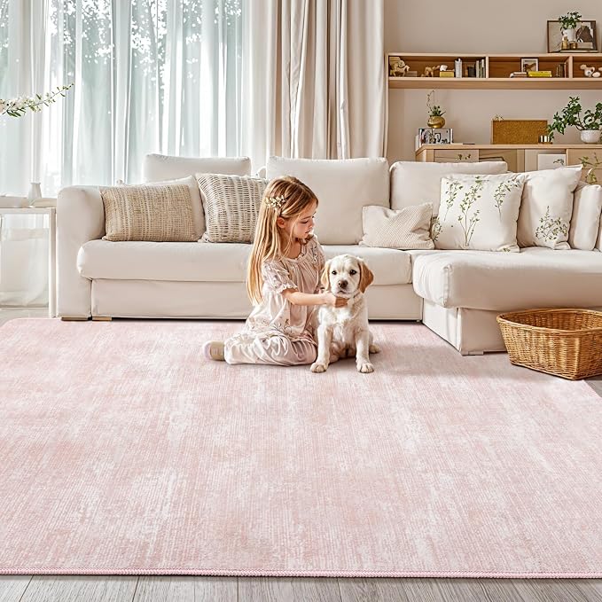 5x7 Washable Area Rug, Pink Solid Area Rugs for Living Room & Bedroom | Stain-resistant & Non-slip backing,Low Pile Washable Large Carpet, Solid Vintage Style For High Traffic Areas(5x7,Pink)