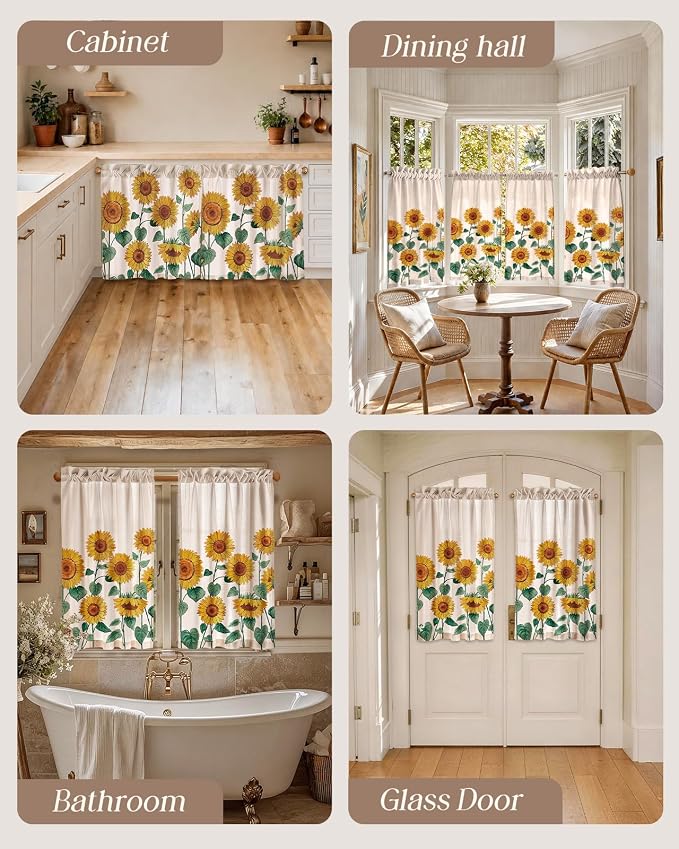 Miss Adola Sunflower Kitchen Tier Curtains - 45 Inch Length Linen Blend Farmhouse Cafe Curtains Floral Small Window Treatments Over Sink Rod Pocket for Bathroom Living Room Light Filtering, 2 Panels