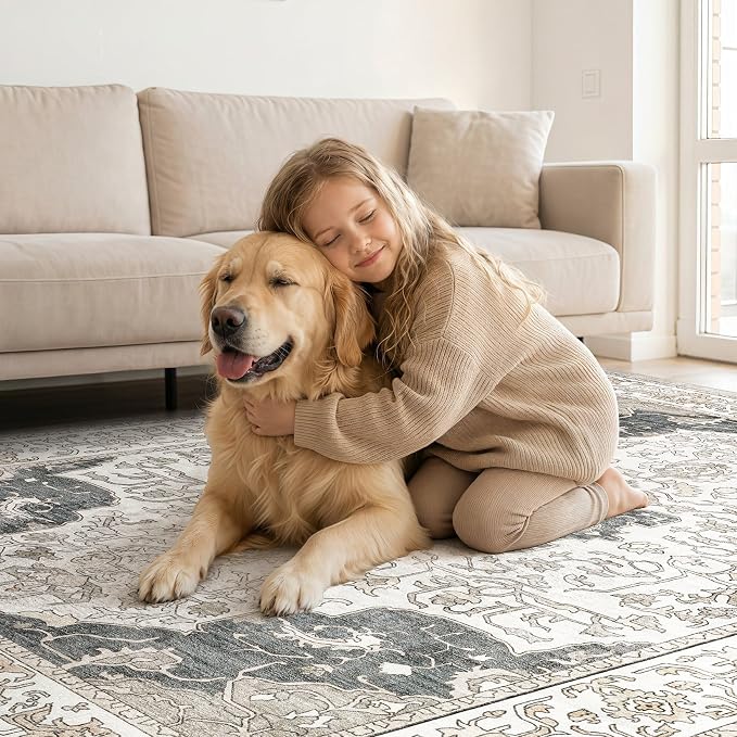 cotiled 8x10 Area Rug Machine Washable Vintage Carpet for Living Room Bedroom Soft Non-Slip Backing Floor Mat Kid & Pet Friendly Stain Resistant Light Brown