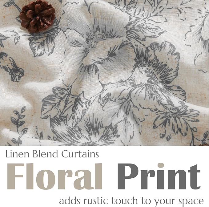 jinchan Linen Floral Tier Curtains 24 Inch Farmhouse Botanic Grey Cafe Curtains Light Filtering Drapes for Small Windows Back Tab Half Window for Kitchen Living Room Bathroom 2 Panels Gray