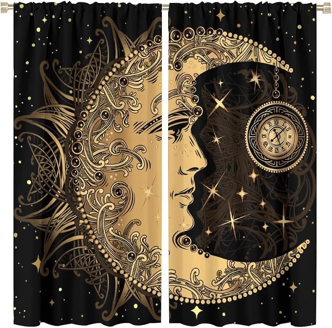 Sun Moon Blackout Windows Curtains, Retro Bohemian Antique Hippie Gold Sun Crescent and Star Curtains, for Living Room Bedroom 63x63in 2 Panels