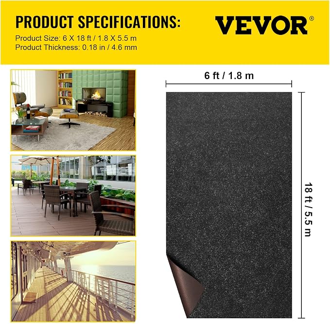 Happybuy 6 ft x 18 ft Charcoal Black Marine Carpet for Boats Waterproof - 0.18" Thick Indoor Outdoor Rug Carpet Roll for Home Patio Porch Deck