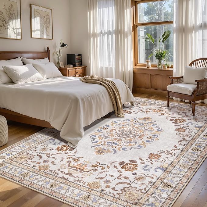 Tangsoo 2x6 Washable Runner Rug Non Slip, Vintage Boho Neutral Hallway Rug for Entry Kitchen, Soft Low Pile Beige Floor Carpet Runner for for Laundry, Bedroom, Living Room Home Decor