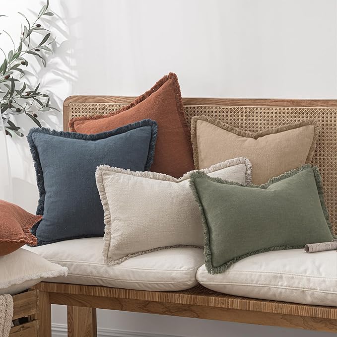MIULEE Decorative Throw Pillow Covers Neutral Linen Fringe Throw Pillows Set of 2 Camel Boho Farmhouse Cushion Covers with Tassels for Couch Sofa Bed Living Room Spring Decor 20x20 Inch