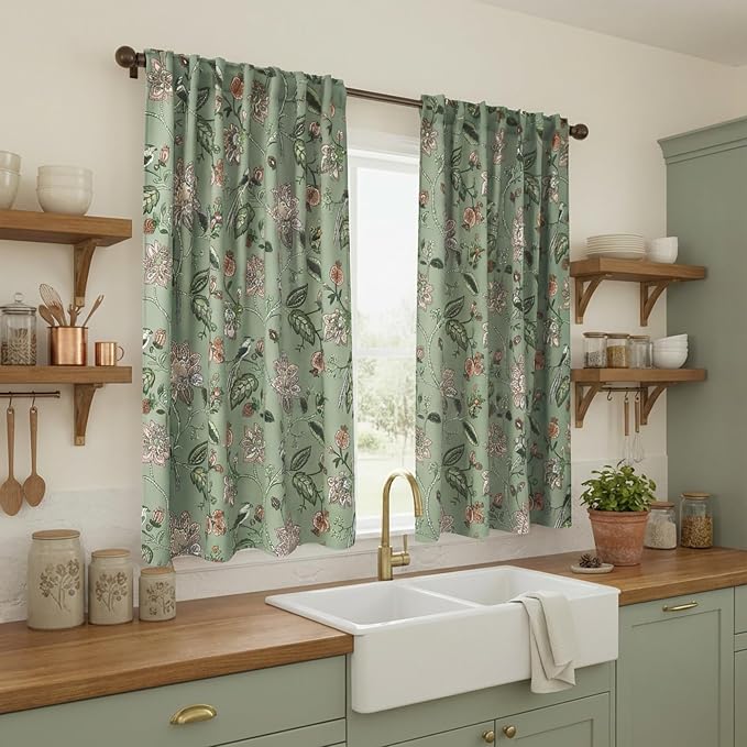 Lino Rosa Short Floral Patterned Blackout Curtains for Bedroom, Decorative Black Out Window Treatments for Bathroom & Kitchen & Small Window, 54 Inch Long, 2 Panels Set, Sage Green