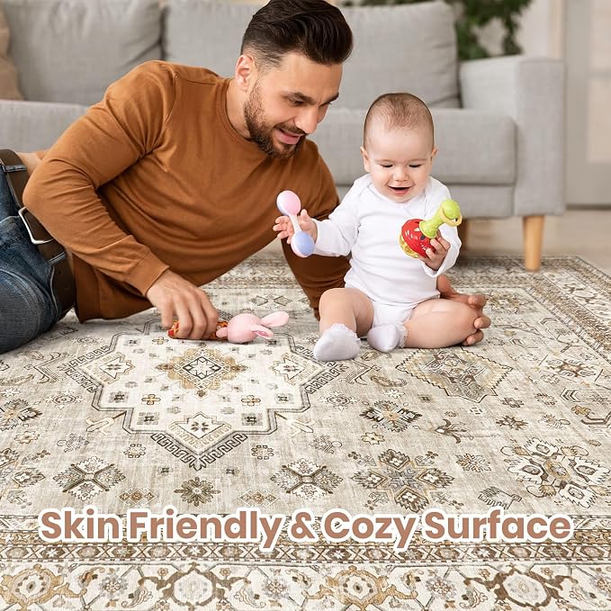 Vintage Living Room Area Rug 10x14 - Large Soft Washable Oriental Traditional Distressed Farmhouse Rugs for Bedroom - Indoor Floor Accent Carpet for Home Office House Decor - Beige