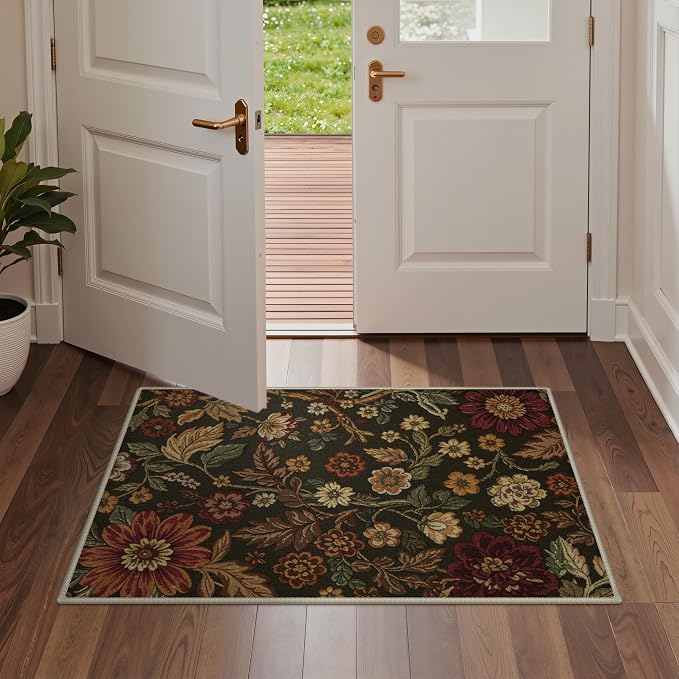GENIMO 2X3 Washable Doormat, Vintage Floral Print Non-Slip Low Pile Chenille Area Rug, Small Entry Mat for Entrance Hallway Kitchen Bathroom, Floral Brown