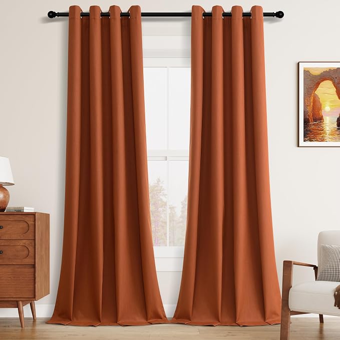 Jowels Terracotta Linen Blackout Curtains 90 Length 2 Panels Set for Living Room Bedroom, 100% Black Out Thermal Insulated Linen Drapes, Room Darkening Grommet Curtains 90 Inches Long