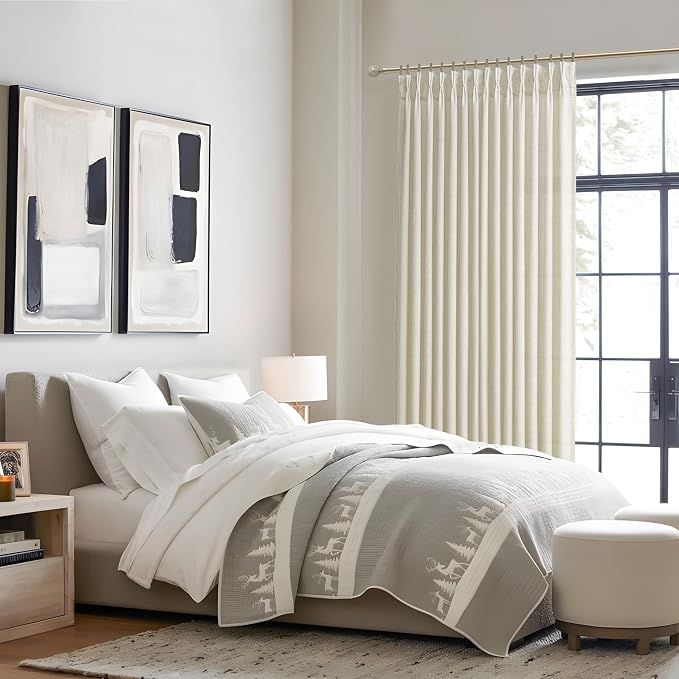 Cream Pinch Pleated 70 Inch Extra Wide Bedroom Curtains 84 Inch Long 2 Panels Set, Memory Trained Light Filtering Privacy Thick Natural Linen Semi Sheer Farmhouse Windows Curtain & Drapes 7 FT Length