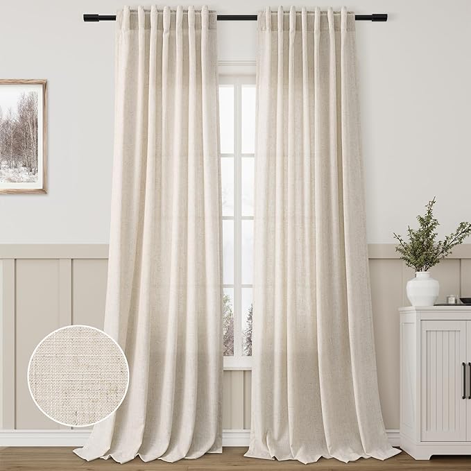 Aersas Beige Semi Sheer Long Curtains 126 Inch Length 2 Panel Set Back Tab Rod Pocket Linen Textured Privacy Floor Drapes Minimalist Light Reducing Farmhouse Curtain for Patio Sliding Door 52x126