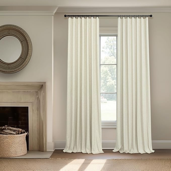 Pitalk Black Out 96 Inch Long Boho Curtains 2 Panel Set Farmhouse Curtain for Living Room Darkening Thermal Noise Reduction Textured Faux Linen Drape 8ft Back Tab Pocket Cream Beige 52x96 Floor Length