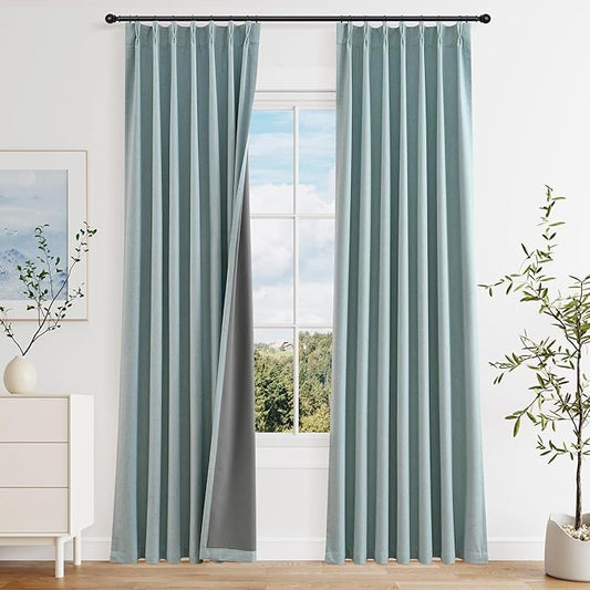 Joywell Light Blue Pinch Pleat 100% Blackout Linen Curtains 90 Inches Long 2 Panels for Boys Bedroom Pinch Pleated Full Blackout Nursery Curtains Room Darkening Thermal Insulated Living Room Drapes
