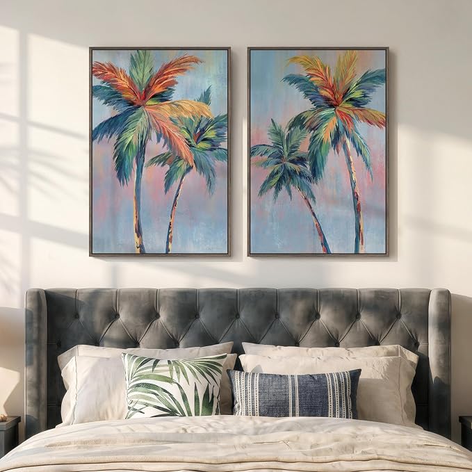 Framed Colorful Coastal Palm Tree Wall Art Bedroom, Set of 2 Tropical Beach Canvas Prints Artwork for Walls, Large Pop Art Coastal Paintings Pictures for Living Room Hallway Wall Art Decor, 20x30 Inch