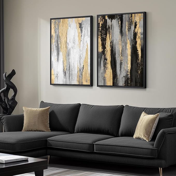 Large Framed Black and White Abstract Wall Art for Living Room, Set of 2 Piece Minimalist Canvas Prints Paintings Artwork for Walls, Modern Black Gold Pictures for Hallway Office Wall Decor Big Size 24x36 In