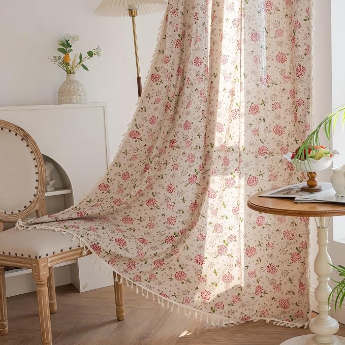 OYX Boho Curtains 96 Inch Length 2 Panels for Living Room, Bedroom Light Filtering Drapes, Farmhouse Vintage Country French Rustic Tassels Pattern Rod Pocket Aesthetic Decor Window Treatments