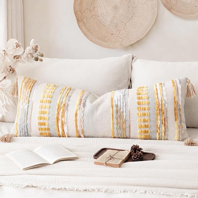 NUYECY Chenille and Cotton Long Pillow for Bed,Striped Textured Boho Long Lumbar Throw Pillow Cover 14x36,Neutral Accent Decorative Extra Long Body Pillow Case for Couch Sofa Bedroom,Yellow-Grey