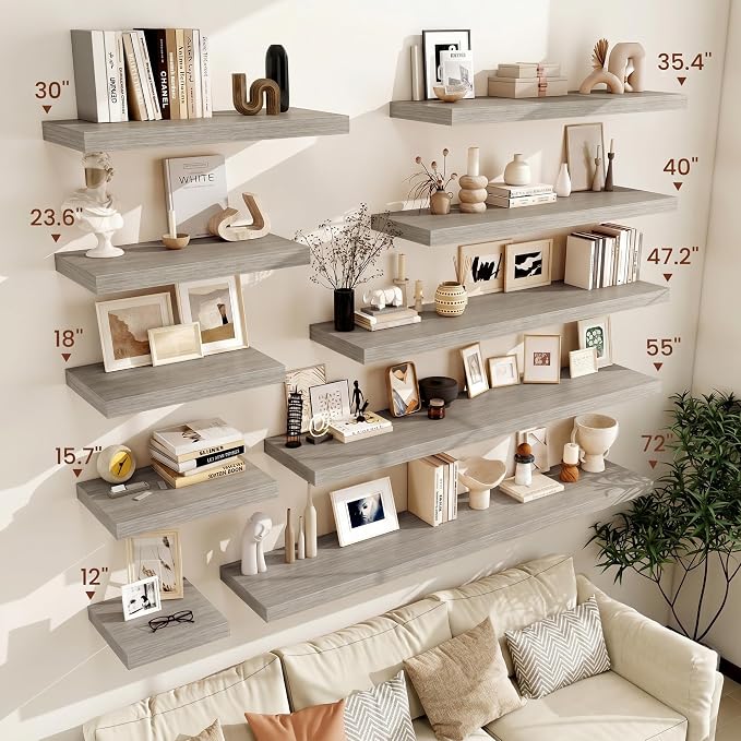 Vivelove 12" Deep Floating Shelves for Wall 12x12 Long, Wall Shelves for Bedroom Living Room Bathroom Kitchen Laundry Room, Farmhouse Rustic Shelves for Home Decor, 12" X 12" X 2" Set of 2, Grey