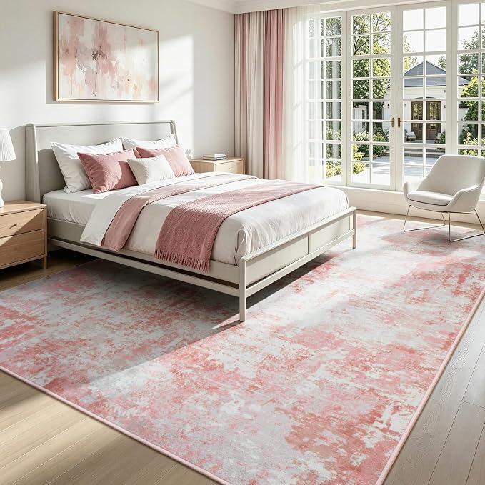 Rugflix 8x10 Area Rugs for Nursery Girls Room, Washable Large Rug Stain-Resistant Low Pile, Modern Non Slip Carpet for Kids Bedroom Living Room Home Office, Pink/White