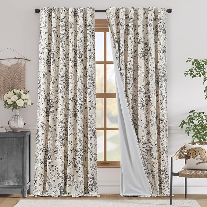 jinchan Lined Linen Blend Curtain Floral Curtains for Living Room 108 Inches Extra Long Black Peony Flower Printed Curtain Back Tab Farmhouse Patterned Drapes Bedroom Window Curtain Set 2 Panels