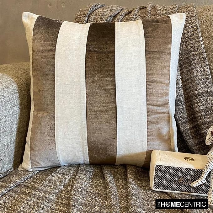 The HomeCentric Pillow Cases, Brown Pack of 2, 24x24 inch (60x60 cm) Throw Pillows, Velvet Patchwork Throw Pillows for Couch, Striped Modern Style Easter - Velvet Band Choco