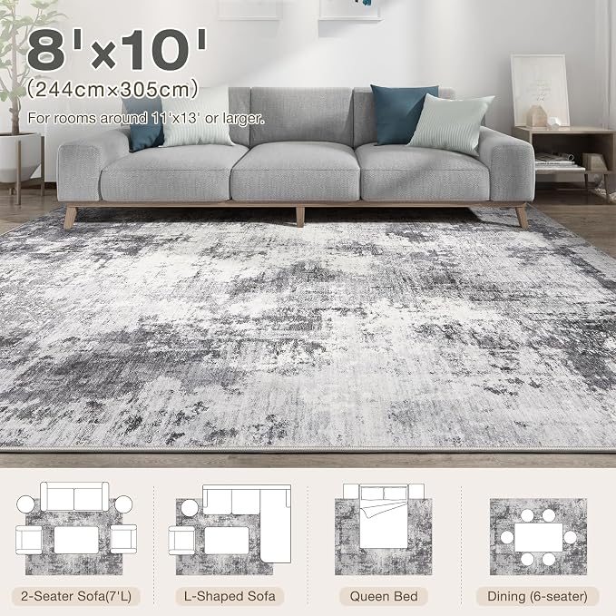 Abstract 8x10 Area Rug: Machine Washable Non Slip Ultra Thin Low-Pile Carpet, Soft Stain Resistant for Living Dining Room Bedroom, Kid Pet Friendly, Robot Vacuum Compatible - Grey