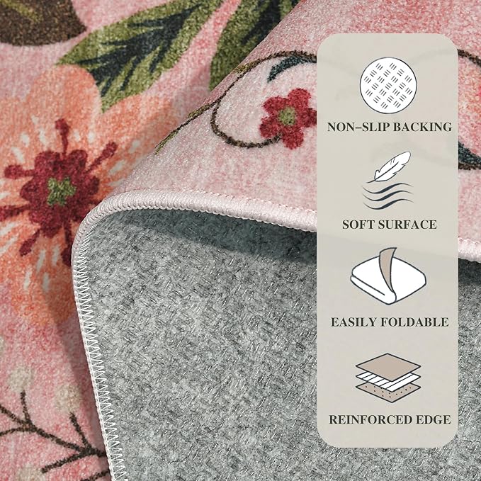2x6 Machine Washable Runner Rug, Kitchen Hallway Area Rug Dark Pink Vintage Boho Floral Non-Slip Low Pile Soft Faux Wool Carpet Kids and Pets Friendly for Bedroom Entryway Nursery Home Decor Rug