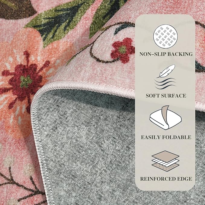 4ft Round Machine Washable Area Rug for Living Room, Dark Pink Vintage Boho Floral Rug Non-Slip Low Pile Soft Faux Wool Carpet Kids and Pets Friendly for Bedroom Nursery Farmhouse Home Decor Rug