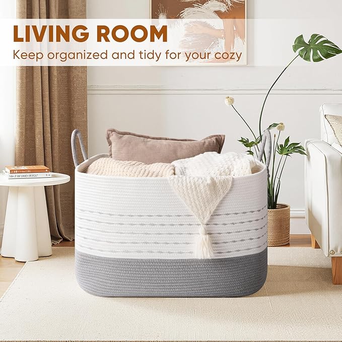 OIASKET XXL Large Blanket Basket for Living Room, 108L Woven Storage Baskets for Organizing, Rectangle Cotton Rope Basket Toy Chest With Handles-Grey & White