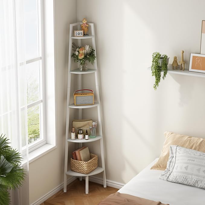 Hoctieon Corner Shelf, 5-Tier Corner Bookshelf, Rustic Ladder Shelf, Industrial Display Stand for Living Room, Kitchen, Home Office, Balcony, Small Space, Metal Frame, White