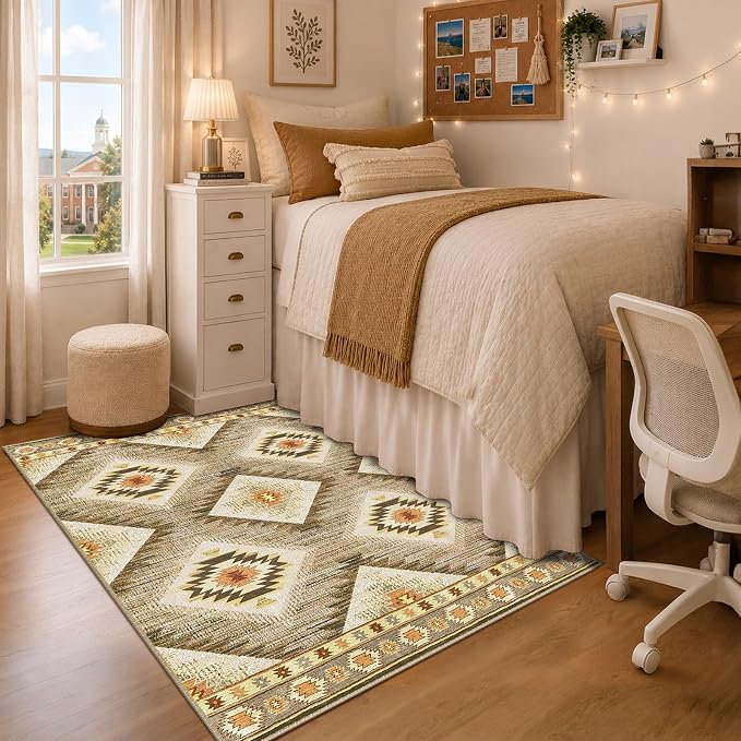 BESTSWEETIE Area Rug 4x6 Rug Machine Washable Non-Slip Low Pile Print Pattern Western Rug for Living Room Bedroom Entryway Tribal Series -Cream/Camel