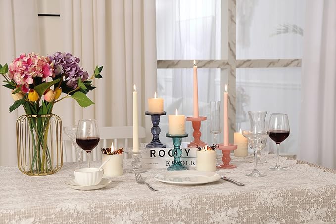 GMWD 3 Pcs Glass Candle Holder Set Clear, Pink Candlesticks Holders Pillar Taper Candles Tealight Stand for Wedding Centerpieces Home Decorations Dining Table