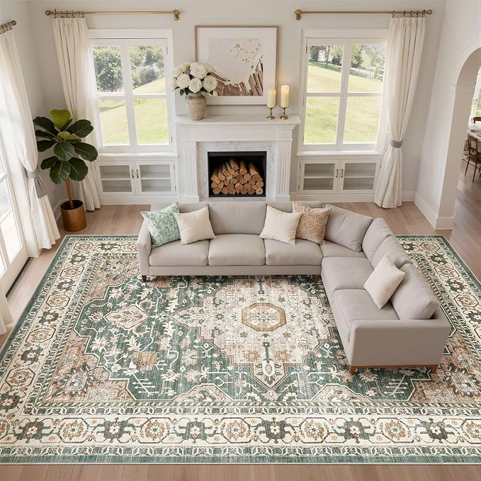 Green Rug Living Room Rugs: 10x12 Washable Boho Large Vintage Soft Stain Resistant Farmhouse Oriental Non Slip Indoor Floor Carpet for Bedroom Nursery Kids Playroom Office Dining Room Home Decor