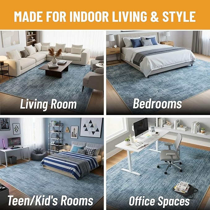 Ottomanson Living Room Area Rug 7'10" x 8' – Non-Slip Soft Rug, Easy to Clean Low Pile Carpet for Bedroom, Dining Room or Office, Solid Greyish Blue