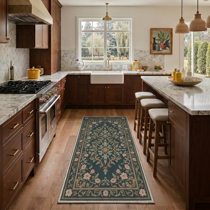 Bavni Washable Rugs 8x10, Machine Washable Rug Lightweight Low Pile, Oriental Floral Vintage Rug Non-Shedding Distressed Throw Carpet for Living Room Bedroom Office, Dusty Charcoal