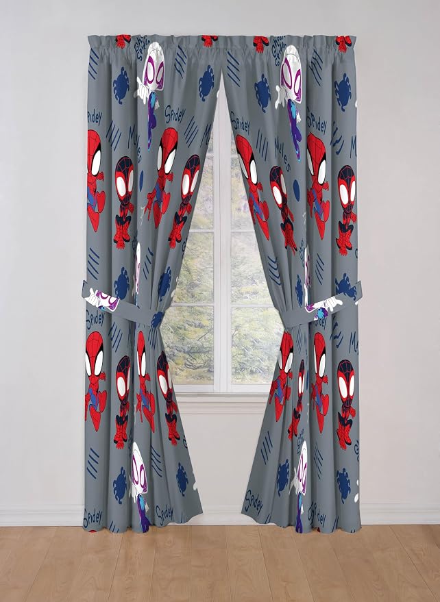 Jay Franco Window Curtains for Kids Bedroom 4-Piece Drape Set with 2 Tiebacks, Grey - Spidey & His Amazing Friends, 42" W x 84" L (Pack of 2)
