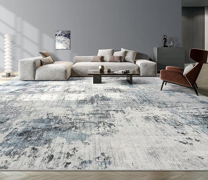 Abstract 12x18 Area Rug: Machine Washable Non Slip Ultra Thin Low-Pile Carpet, Soft Stain Resistant for Living Room Bedroom Office, Kid Pet Friendly, Robot Vacuum Compatible - Grey Blue