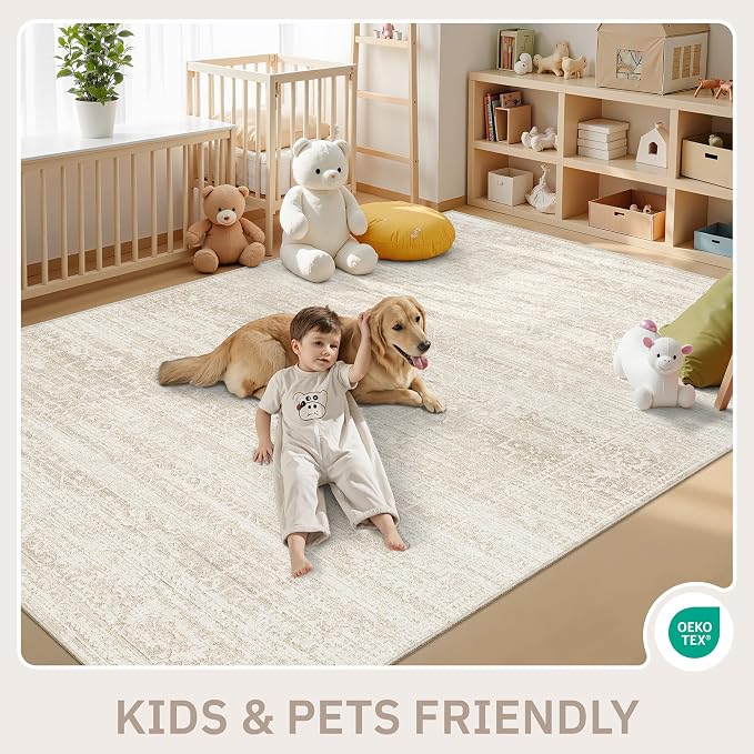 Soalmost 9x12 Area Rugs for Living Room, Washable Soft Rug Beige/Cream | Non-Slip Low Pile Natural Vintage Floral Rug Throw Carpet for Dining Room Bedroom Home Office Nursery 9'x12'
