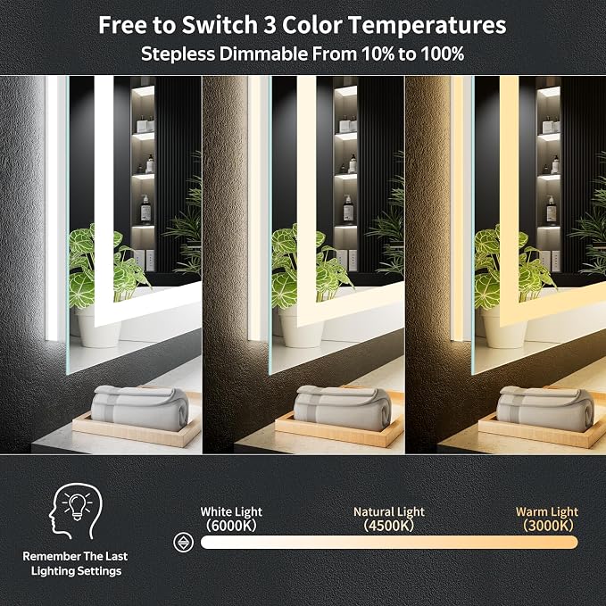 40"x36" LED Bathroom Mirror with Lights, Backlit + Front Lit with CRI>90, Lighted Mirror for Bathroom, Anti-Fog, Dimmable Brightness, 3 Colors, Memory Function, Shatterproof Tempered Glass