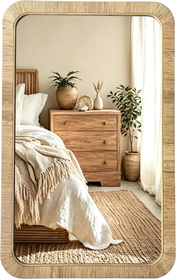 Decorative Rattan Wall Mirror, Boho Bathroom Modern Makeup, Rustic Wall Bohemia Mirrors for Bedroom, Living Room, Vanity Versatile Farmhouse, Nursery, Bathroom (Rectangular 48" x30“)