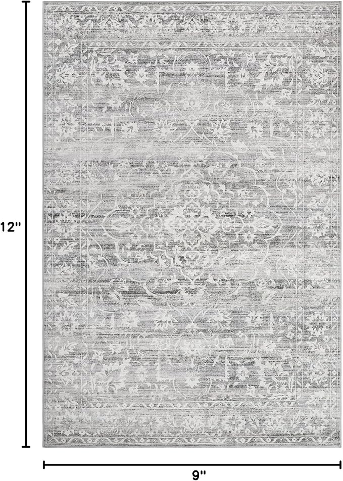 Soalmost 9x12 Area Rugs for Living Room, Washable Neutral Soft Rug Grey | Vintage Floral Non-Slip Low Pile Stain Resistant Throw Large Carpet for Dining Room Bedroom Kitchen Home Office 9'x12'