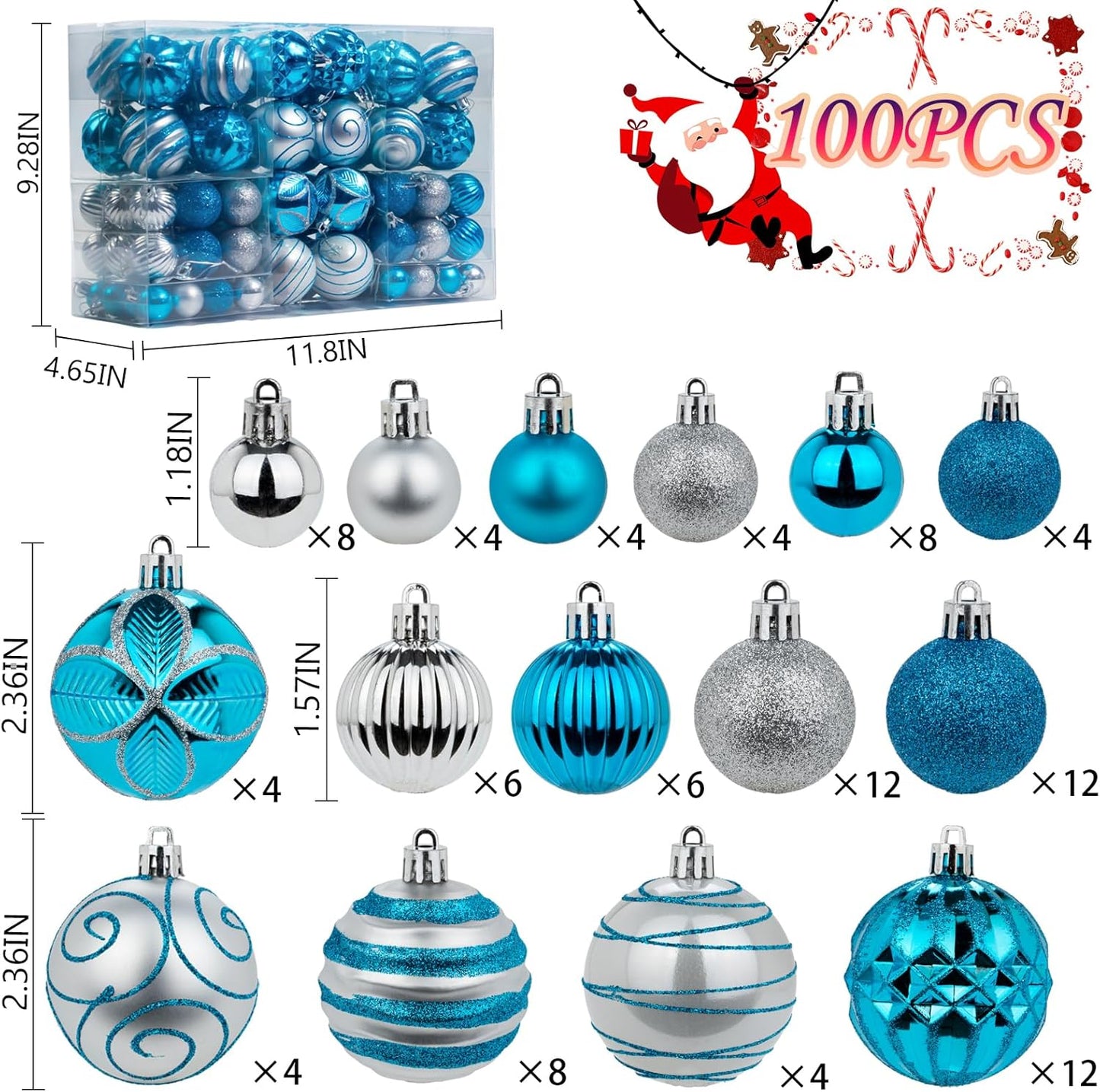 100Pcs Christmas Balls Ornaments Set, Shatterproof Christmas Decorations with Hand-held Gift Package for Xmas Tree/Holiday/Wedding/Holiday/Party Decor (Blue & Silver)
