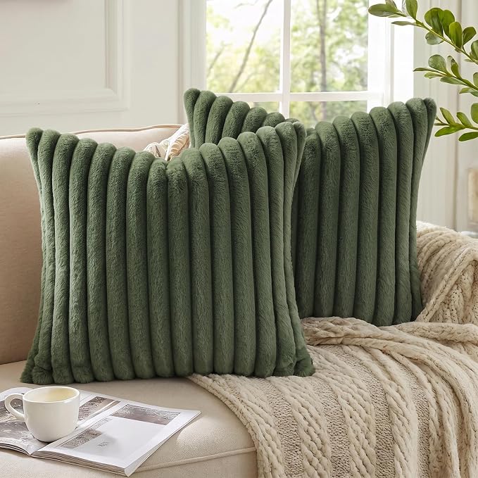 Pallene Faux Fur Plush Throw Pillow Covers 26x26 Set of 2, Luxury Soft Fluffy Striped Decorative Pillow Covers for Sofa, Couch, Living Room, Olive Green