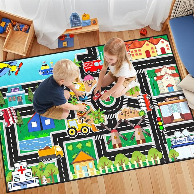 Car Rug Play Mat - Road Rug for Boys Room, Fun Race Track Traffic Road Carpet for Boys Playmat Educational Learn, Car Carpet for Room Decor Playmat Bedroom Playroom, 4.5x6 Feet