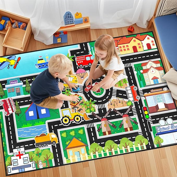 Car Rug Play Mat - Road Rug for Boys Room, Fun Race Track Traffic Road Carpet for Boys Playmat Educational Learn, Car Carpet for Room Decor Playmat Bedroom Playroom, 3x5 Feet