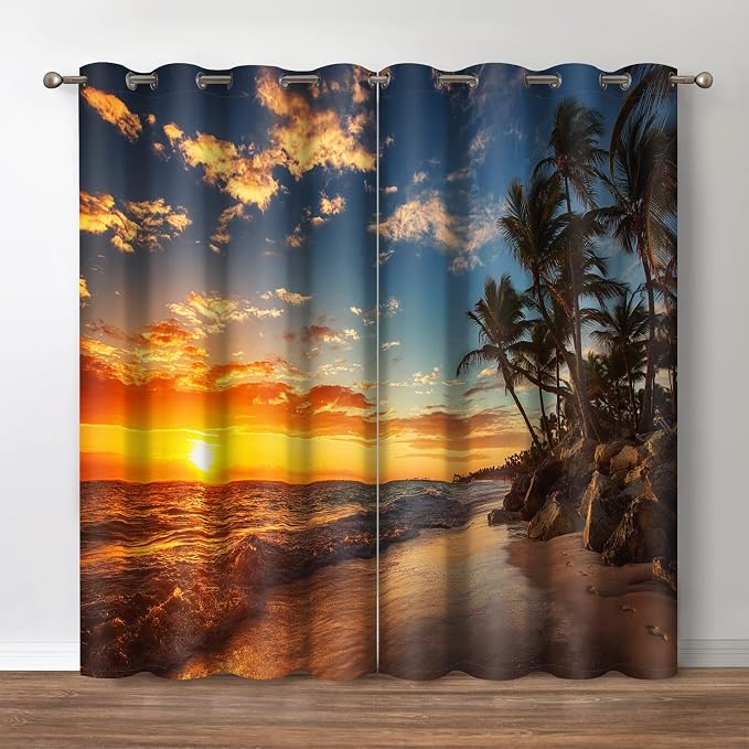 Jekeno Ocean Sunset Blackout Window Curtain - Beach Water Palm Tree Dusk Sky Landscape Blocking Drapes for Bedroom Living Room Nursery Decor Grommet Window Drapes 2 Panels Set 52"x 63"